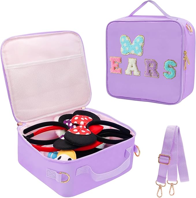 Chenille Letter Bow Mouse Ears Travel Case, Park Ears Headband Holder Hair Accessories Organizer Bag for Girls Women Kids Adults, Large Makeup Bag Snack Bags with Zipper for Travel Picnic - Purple