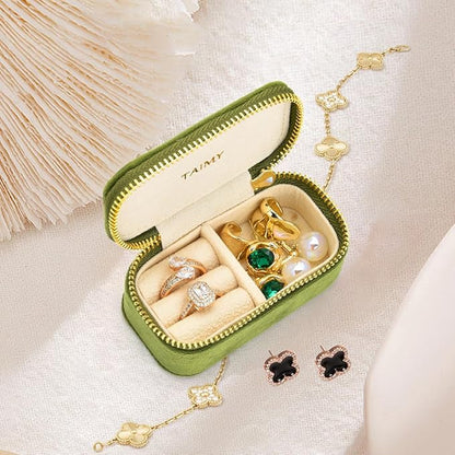 Small Travel Jewelry Case, Mini Tiny Plush Velvet Jewelry Box for Women and Girls, Pocket Size Jewelry holder organizer for Rings Earrings and Small Items(Avocado Green)