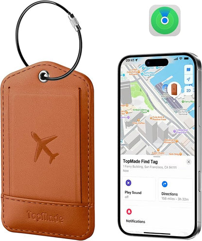 TopMade Smart Luggage Tag with Find My, Premium Leather Luggage Tags for Suitcase, Travel Bags, Backpacks, Anti-Lost Suitcase Tag Tracker for Travel with Privacy Name Card, Rechargeable