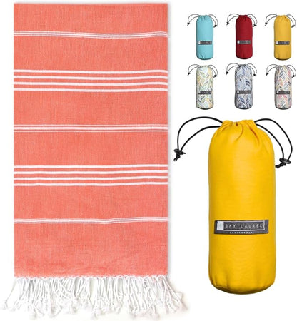 BAY LAUREL Turkish Beach Towel with Travel Bag 39 x 71 Quick Dry Sand Free Lightweight Large Oversized Towels Light (Orange with Yellow Bag)