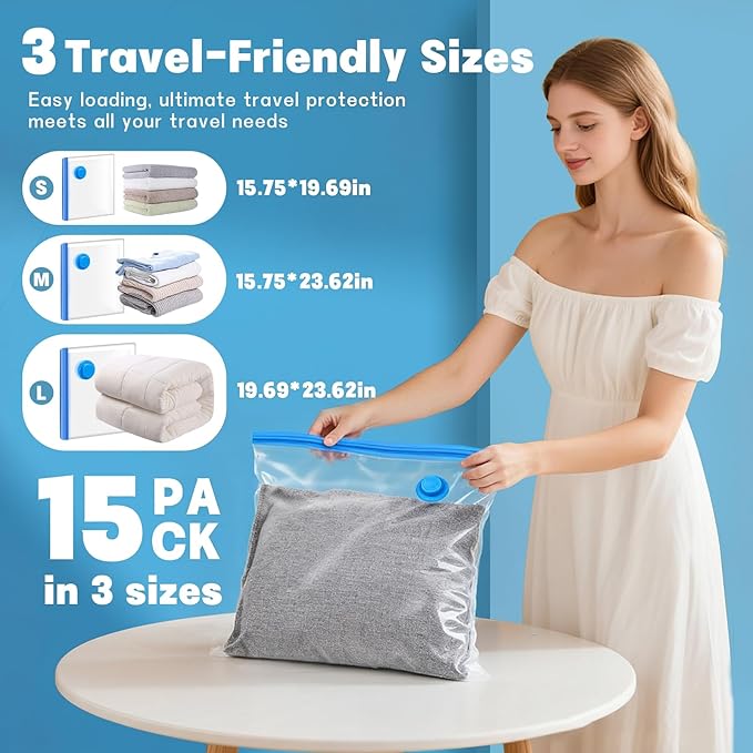 15 Pack Travel Vacuum Bags with Electric Pump，3 Different Sizes of Space Saver Bags,Vacuum Storage Bags Suitable for Clothing, Travel Luggage, Blankets, and Down comforters