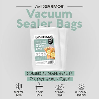 Avid Armor Vacuum Sealer Bags Pint Size, Vac Seal Bags for Food Storage, Meal Saver Freezer Vacuum Sealer Bags, Sous Vide Bags Vacuum Sealer, Non-BPA, 6 x 10 inches, Pack of 100