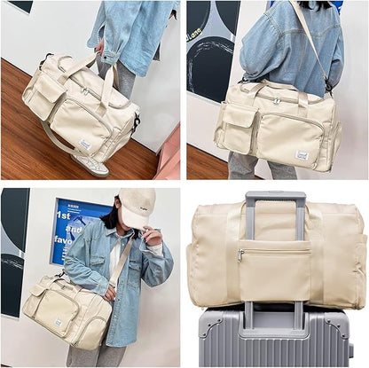 Sports Gym Bag with Shoes Compartment Travel Duffel Bag with Dry Wet Separated Pocket for Men and Women, Overnight Bag Weekender Bag Training Handbag Yoga Bag - Off White