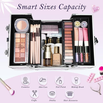 FRENESSA Makeup Train Case 8.85 Inch Portable Makeup Case Organizer Cosmetic Box Make Up Box Makeup Organizer Cosmetic Storage Cases with Locking Nail Kit Organizer Small Travel Case Pink Plaid