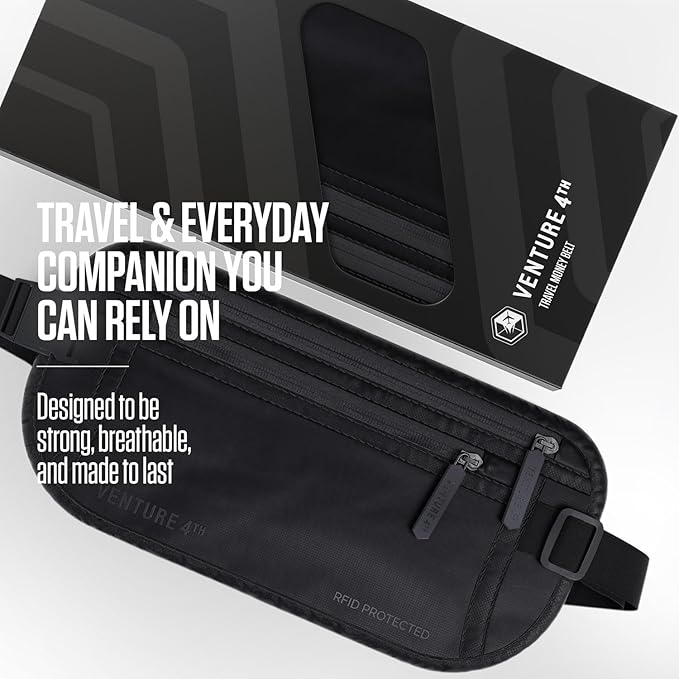 Travel Money Belt, RFID Blocking for Men & Women - Ideal for Keeping Your Cash, Credit Card, Passport, Phone Safe When Traveling (Sleek Black)