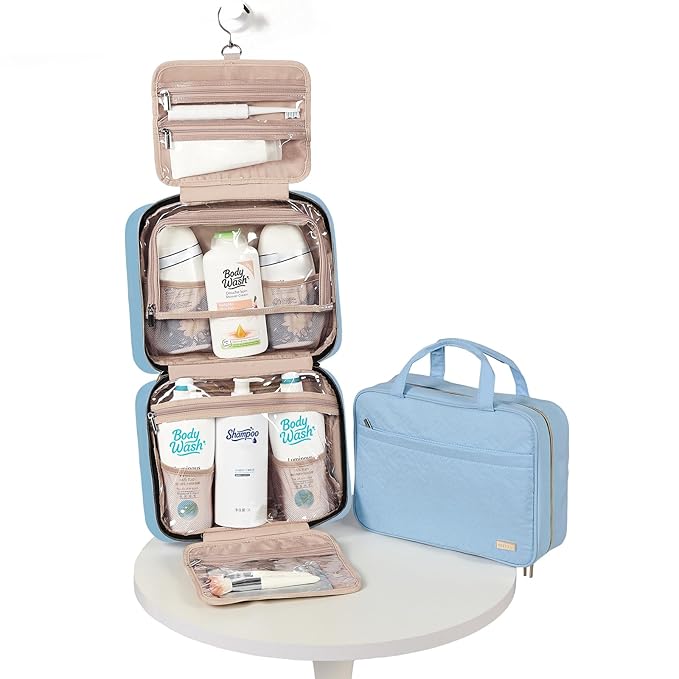 NISHEL Travel Toiletry Bag for women, Portable Hanging Organizer for Family-Sized Shampoo, Conditioner, Brushes Set, Makeup Accessories, Extra Large Size, Placid-Blue