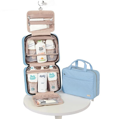 NISHEL Travel Toiletry Bag for women, Portable Hanging Organizer for Family-Sized Shampoo, Conditioner, Brushes Set, Makeup Accessories, Extra Large Size, Placid-Blue