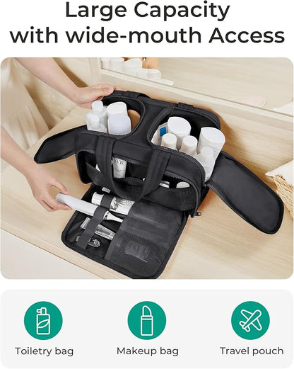 BAGSMART Travel Toiletry Bag, Lightweight Large Wide-open Travel Bag for Women, Puffy Cosmetic Makeup Bag Organizer with Handle for Accessories,Essentials, Toiletries, Black