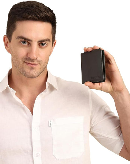 Hum & Hide Full-Grain Leather Wallet for Men – RFID Blocking Slim Bifold, Genuine Cowhide with 8 Card Slots, Coin Pocket & ID Window, Minimalist Leather Gift Wallet (Grey)