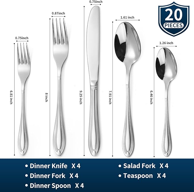 Silverware Set for 4, 20-Piece Flatware Set Include Spoons And Forks Set, Stainless Steel Cutlery Set with Line Pattern, Mirror Polished, Dishwasher Safe.