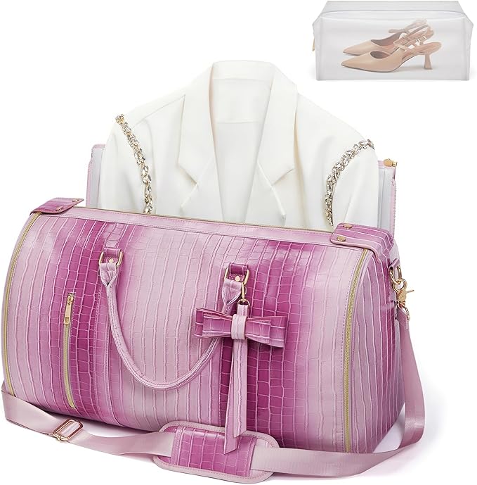 Convertible Garment Duffle Bag for Women, Foldable 2-in-1 Carry On Travel Bag with Shoe Compartment & Toiletry Pocket, PU Leather Stylish Garment Bags for Business Trip, Vacation, Pink-White