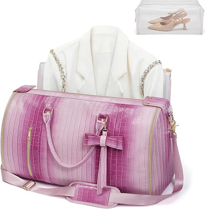 Convertible Garment Duffle Bag for Women, Foldable 2-in-1 Carry On Travel Bag with Shoe Compartment & Toiletry Pocket, PU Leather Stylish Garment Bags for Business Trip, Vacation, Pink-White