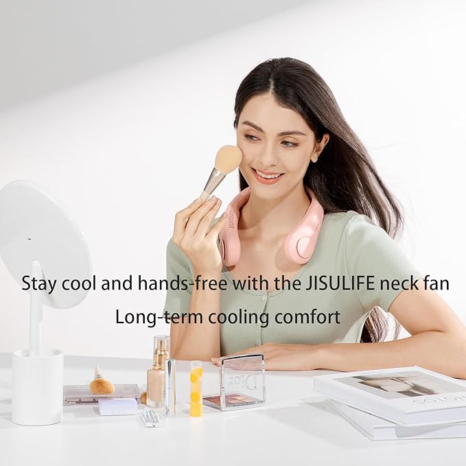 JISULIFE Portable Neck Fan, Hands-Free Bladeless, 5 Speeds, 4000 mAh Battery Operated Wearable Personal Fan, Twistable, Rechargeable, Gift for Women Men-Pink