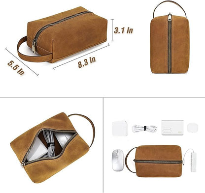 Electronic Organizer Zipper Bag, Top Grain Leather, Handmade Vintage Design, Portable Travel Electronic Accessories Storage Cases for Phone, USB Cables, Chargers, Hard Drive, Daily Cosmetics