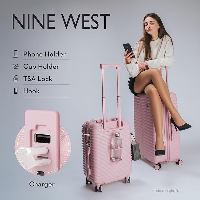 Nine West Suvi 2-Piece Smart Luggage Set (20/28), Hardshell Spinners with Cup Holder & USB Port, Expandable & Scuff-Resistant Surface Muted Lilac