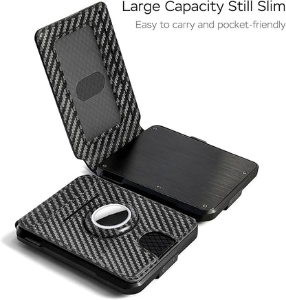 Men's RFID Wallet for AirTag - Brushed Metal Pop Up Card Holder, Slim Front Pocket Compact Bifold Wallet with ID Window Money Clip, Holds 9-11 Cards, Gift for Men