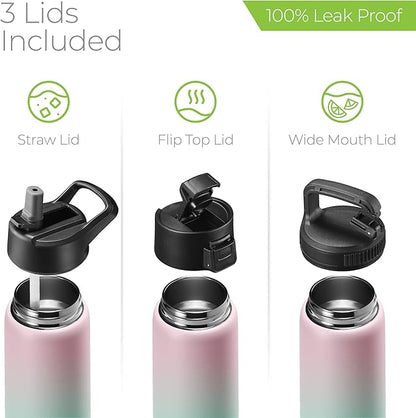 SipX™ Triple-Insulated Stainless Steel Water Bottle 25oz. With 3 Lids, BPA-Free Reusable Insulated Water Bottle Keeps Cold 24 Hours, (Gradiant Mint Pink)