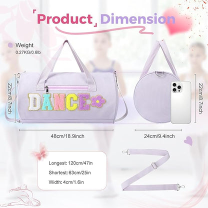 Dance Bag for Girls, KUIRAN 23L Travel Duffel Bag with Colorful Chenille Letter, Lightweight Small Gym Sport Ballet Weekender Bag with Large Main Compartment - Purple/Flower
