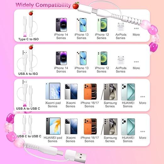SAMONPOW for iPhone 17 16 Pro Charger Cord 4 in 1 USB C Charger Cable 3FT Jade Beaded Multi Charger Cord 60W USB Fast Charging Cable for iPhone 15 14 13 12 MacBook iPad, for Samsung Galaxy S25 S24