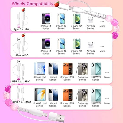 SAMONPOW for iPhone 17 16 Pro Charger Cord 4 in 1 USB C Charger Cable 3FT Jade Beaded Multi Charger Cord 60W USB Fast Charging Cable for iPhone 15 14 13 12 MacBook iPad, for Samsung Galaxy S25 S24