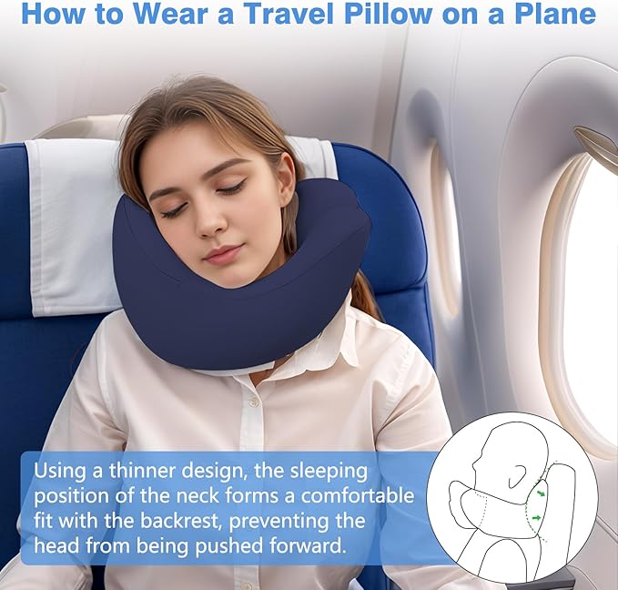 jiaao Neck Pillow Airplane, Memory Foam Travel Neck Pillows for Long Flight, 3D Eye Masks, Ear Plugs and Portable Drawstring Bag, Napping Pillow for Home, Road Trips, Sleep Rest and Travel Use
