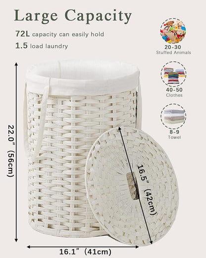 Laundry Hamper with Lid Laundry Basket with Lid 19.0 Gal (72 L) Round Wicker Laundry Basket Handwoven Rattan Basket with Lid Removable Bag 2 Mesh Bags Handles for Living Room Bathroom White