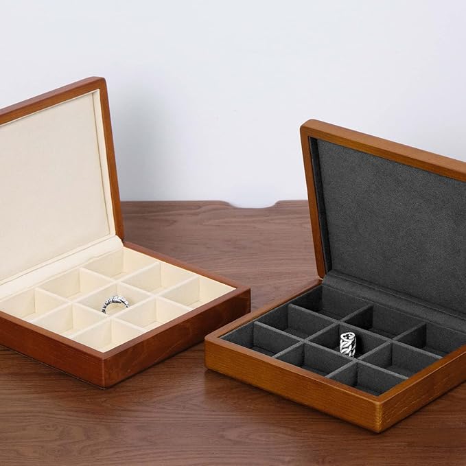 Oirlv Solid Wood Ring Jewelry Box Organizer Earrings Jewelry Drawer Organizer Tray with Lid (Creamy-white 9 Grid Box)