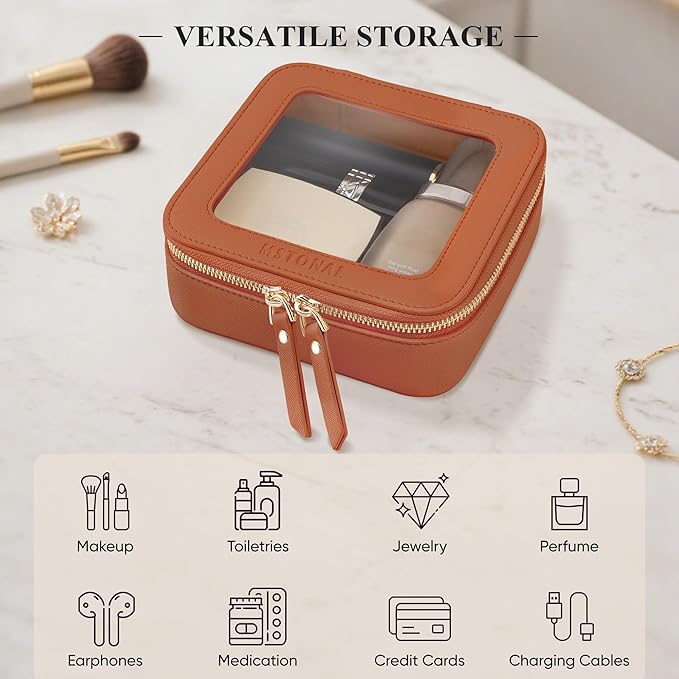 Clear Makeup Bag, Travel Toiletry Bag Cosmetic Case for Women, Waterproof Portable Small Make Up Skincare Pouch with Zipper, Compact Car Organizer Bag for Essentials, Mini Size, Brown