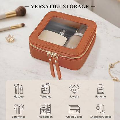 Clear Makeup Bag, Travel Toiletry Bag Cosmetic Case for Women, Waterproof Portable Small Make Up Skincare Pouch with Zipper, Compact Car Organizer Bag for Essentials, Mini Size, Brown