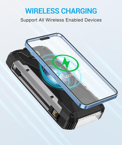 Solar Charger Power Bank -38600mAh Solar Phone Charger Built in 3 Cables Waterproof Outdoor External Battery Pack with 4 Outputs 2 Inputs USB C 15 W Powerbank with Camping Light Compass