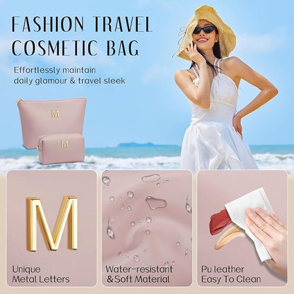 Women Gifts | Initial Makeup Bag Set for Girl Personalized Gifts for Bridesmaid Friend Graduation Teachers PU Leather Cosmetic Travel Toiletry Bag(Pink,M)