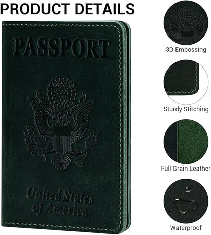 BIAOTIE Premium Leather Passport Holder Covers, Rfid Travel Wallet Passport Document Holder, Travel Essentials Wallet Cover Case for Men and Women (Green)