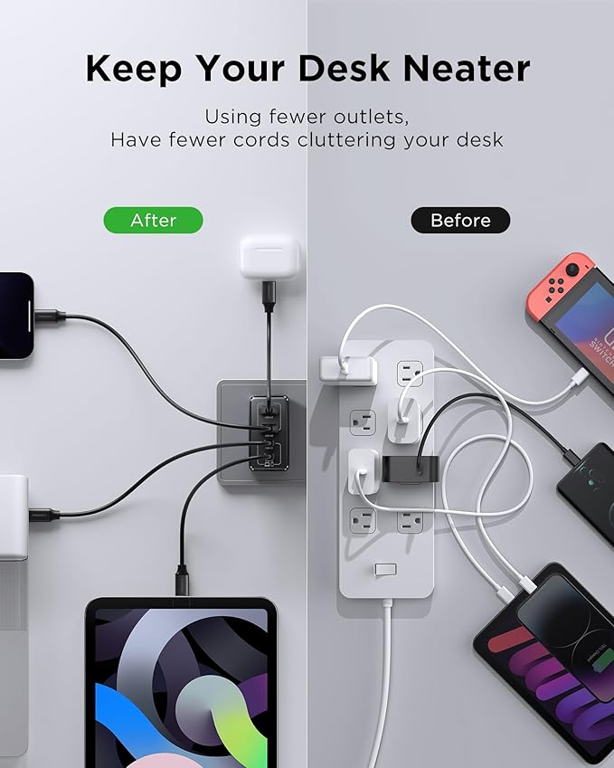 PISEN 65W USB C Charger - 4-Port GaN Fast Charging Block Type C Charger Fast Charging Wall Plugs with 4FT C to C Cable for MacBook Pro/Air, iPhone 16/15/14, iPad Pro, Galaxy S24, Pixel 8, Steam Deck