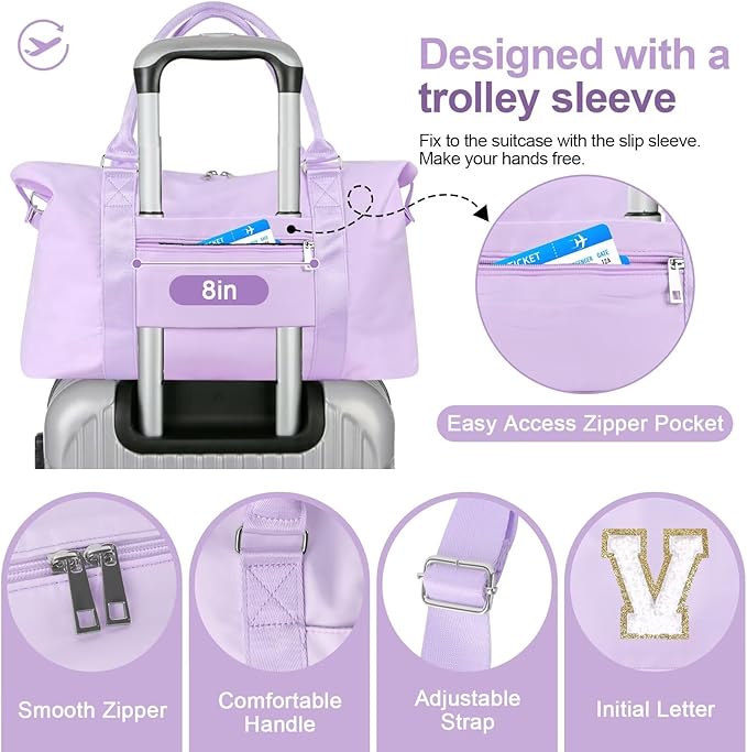 Dance Gym Duffel Bag for Teen Girls, Personalized Initial Travel Weekender Bag,Cute Overnight Carry On Duffle for Women,Sports Travel Cheer Bag,Monogram Christmas Gifts for Tween Preppy(purple-V)