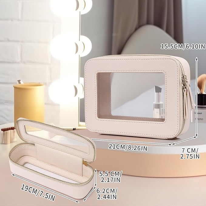 Pinkmik Travel Clear Makeup Bag with Brush Case TSA Approved Toiletry Bag Waterproof Cosmetic Organizer with Zipper Car Essential for Women (Beige, M+SLIM)