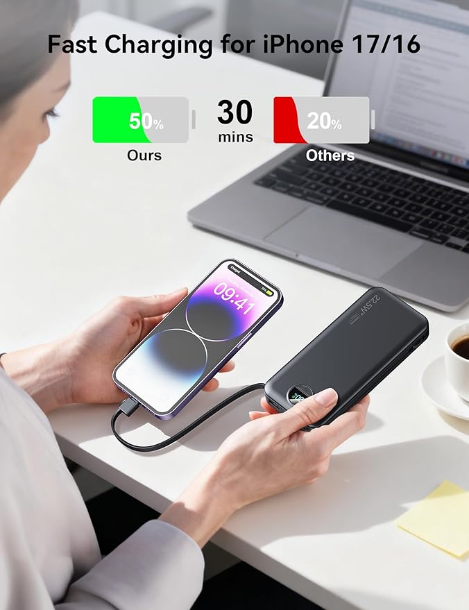 12000mAh Ultra-Portable-Charger-Power-Bank with Built in Cables&AC Wall Plug,PD20W USB-C Fast Charging Cell Phone Charger Battery Pack,LED Display Travel Battery Bank for All iPhone,Samsung,Android