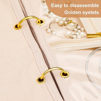 Leather Travel Jewelry Case Organizer,Jewelry Storage Book Binder with Clear Zipper Pouch & Lining-Portable Jewelry Bag for Earrings,Rings,Necklaces,Bracelets (3 PCS Beige- Inner Pages)