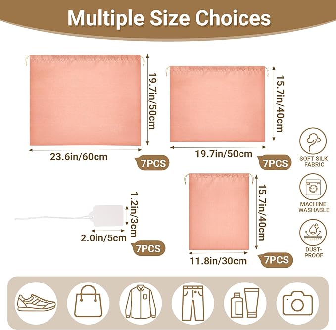 Ewen 7Pcs Dust Bags for Handbags, Silk Cloth Bag with Drawstring, 2Pcs 19.6x15.7in Bag for Purse, 2Pack 11.8x15.7in Storage for Shoes, 3Pack 23.6x19.6in Dust Bags, Pink Orange Pouch Cover for Travel