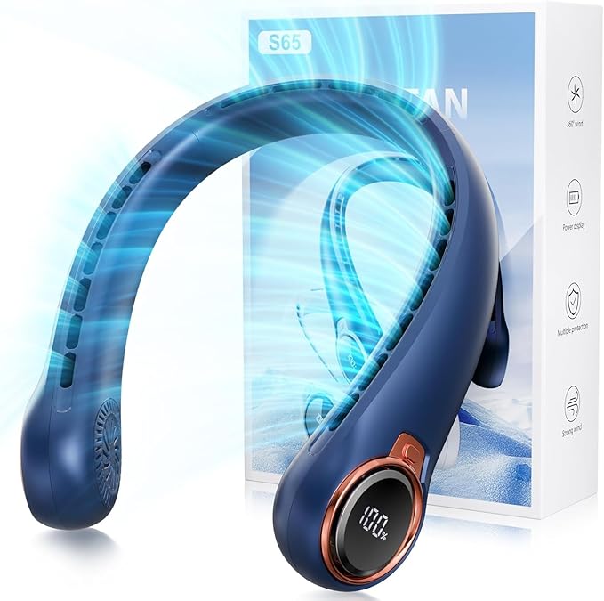Portable Neck Fan with 6000mAh USB - Rechargeable Battery, Ultra-Light Bladeless Neck Fan LED Display, 360° Cooling Wearable Fan, 3 Speeds (Blue)