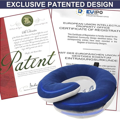 BUYUE Travel Neck Pillows for Airplanes, 360° Head Support Sleep for Long Flight, Skin-Friendly & Breathable, Kit with 3D Contoured Eye Mask, Earplugs and Storage Bag (Adult, Navy Blue, 90+ lbs)