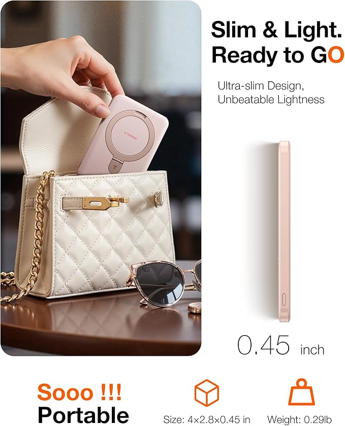 TORRAS EasyGo 0.45" Slim Magnetic Portable Charger Power Bank for iPhone, 5000mAh 22.5W Fast Charging Wireless Battery Pack Compatible with Magsafe, iPhone Air,Pro,Pro Max,17,16,15,14,13,12, Rose Gold