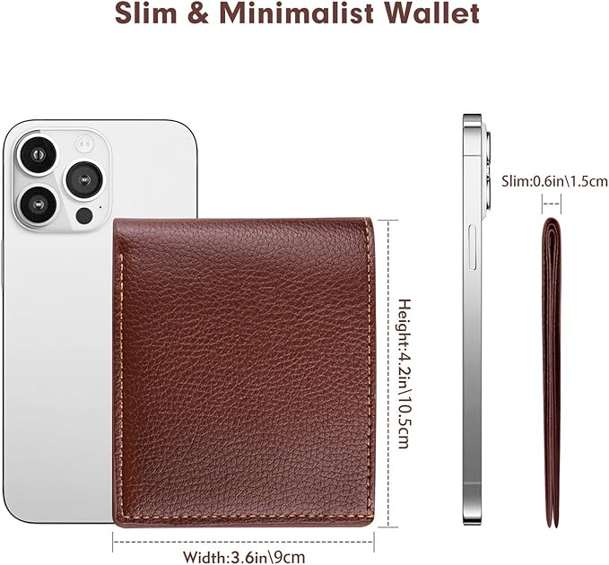 Genuine Leather Slim Bifold Wallet for Men, RFID Blocking Minimalist Design with ID Window and 6 Card Slots (Brown)