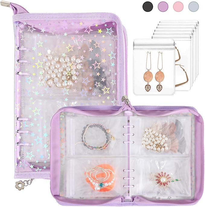 Jewelry Organizer Storage Case Travel Clear Earring Organizer Case Transparent Jewelry Storage Book with Small Clear Zippered Pouch (Purple, with 48 Pcs large Jewelry Pouches)