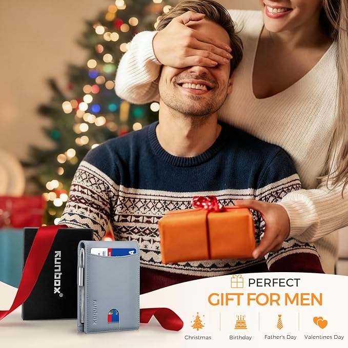 RUNBOX Money Clip Slim Wallets for Men RFID Blocking 11 Card Holder Minimalist Small Leather Bifold Men's Front Pocket Wallet Gift Box