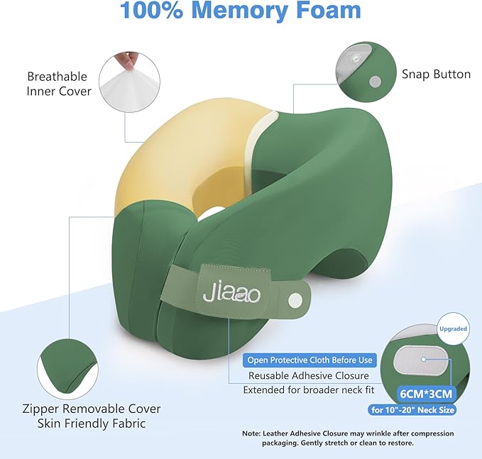 jiaao Neck Pillow Airplane, Memory Foam Travel Neck Pillows for Long Flight, 3D Eye Masks, Ear Plugs and Portable Drawstring Bag, Napping Pillow for Home, Road Trips, Sleep Rest and Travel Use