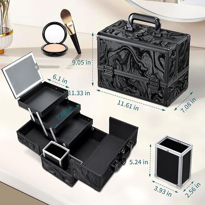 Travel Makeup Case with LED Lighted Mirror - 11.6" Portable Makeup Organizer Box, Cosmetic Train Case with Detachable Brush Holder - Fluid Black