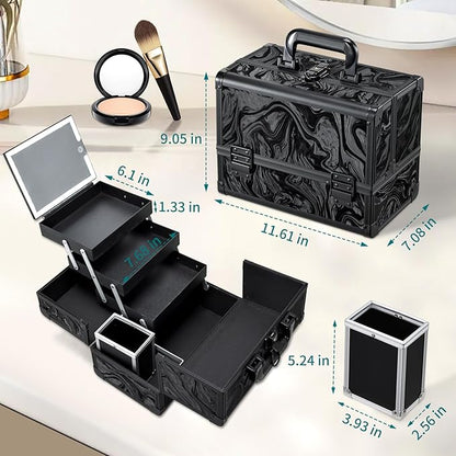 Travel Makeup Case with LED Lighted Mirror - 11.6" Portable Makeup Organizer Box, Cosmetic Train Case with Detachable Brush Holder - Fluid Black