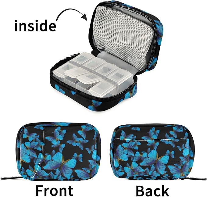 Fustylead Bright Blue Butterflies Travel Pill Organizer Case Zipper for Purse with Removable Weekly Pill Box for Medicine, Vitamin, Supplement Medicine Organizer