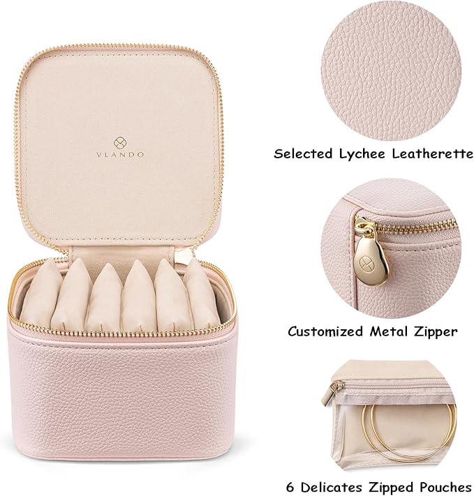 Vlando Travel Jewelry Box Organizer - 6 Small Velvet Zipped Pouches Pockets for Jewelries Necklaces Rings Earrings Sorting Storage, Rosy Mauve