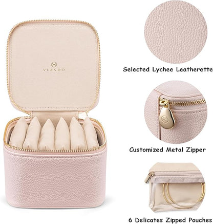 Vlando Travel Jewelry Box Organizer - 6 Small Velvet Zipped Pouches Pockets for Jewelries Necklaces Rings Earrings Sorting Storage, Rosy Mauve